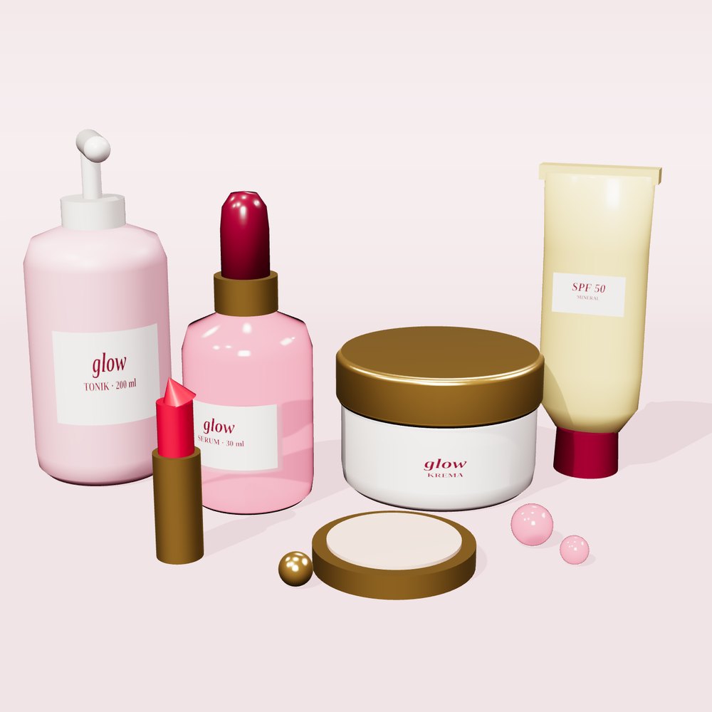 Kozmetika na roza podlozi: bočica s pumpicom, serum, krema, SPF tuba i ruž